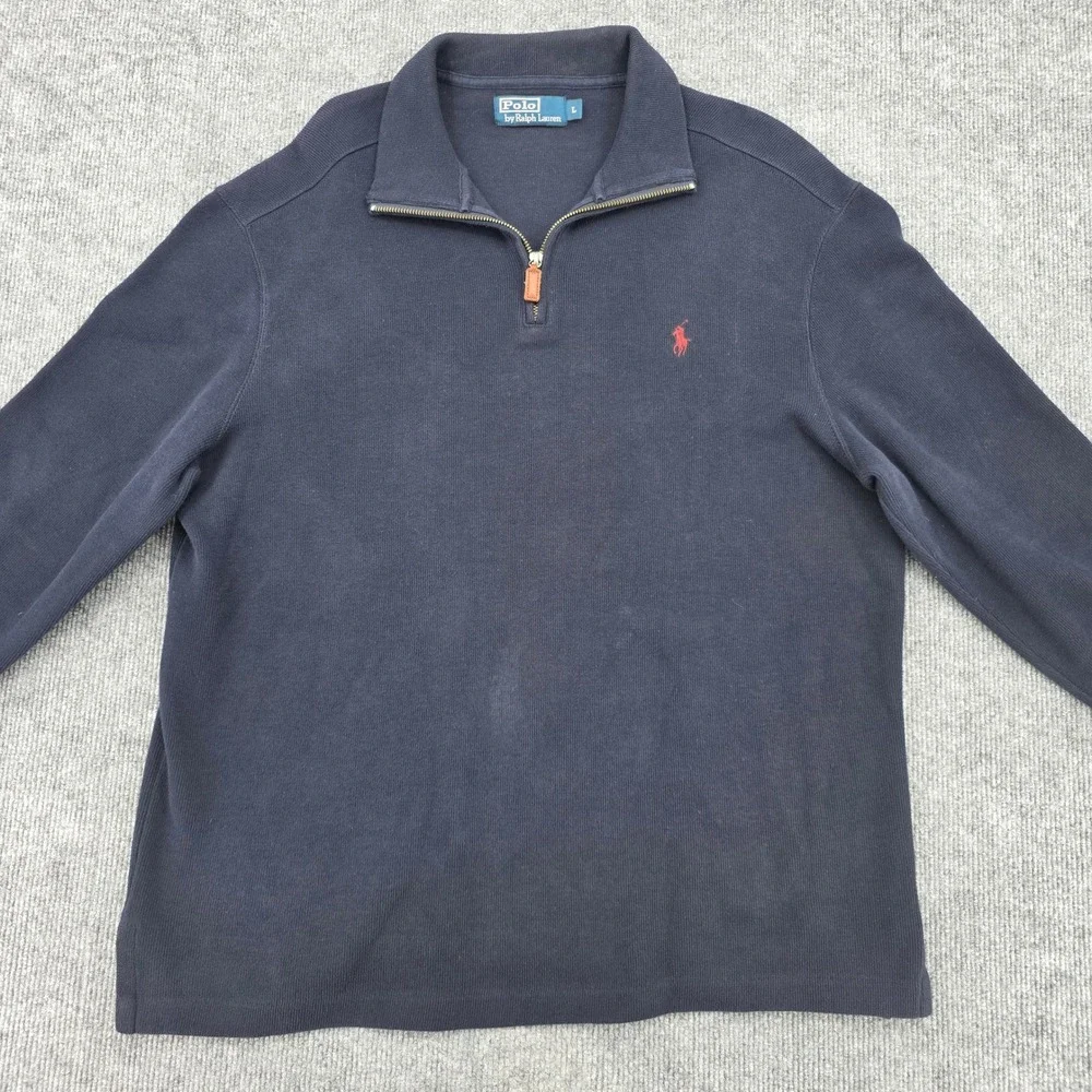 Polo Ralph Lauren Mens Navy Blue Quarter Zip Pullover Cotton Ribbed Sweater L